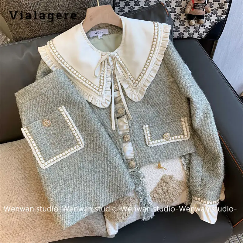 

2023 Autumn Elegant Office Lady 2 Piece Set Women Long Sleeve Lace-up Coat Top + A-line Skirt Luxury Two Piece Skirt Set Outfits