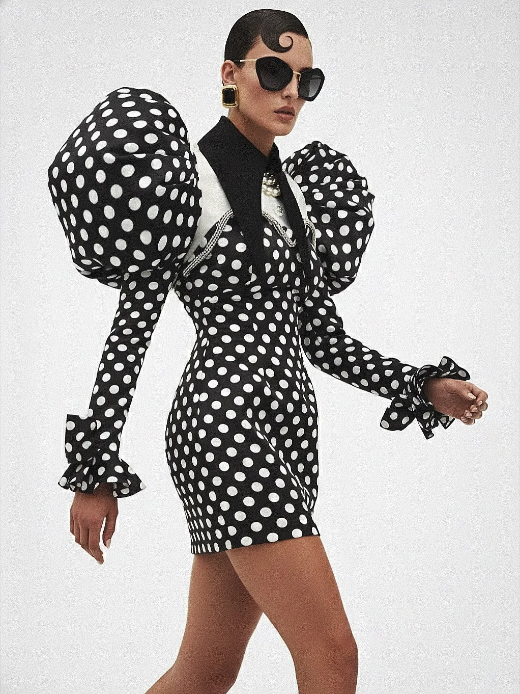 Couture Black Polka Dots Short Women Party Dresses With Crytsal Details Fashion Puffy Sleeves Mini Dress 4