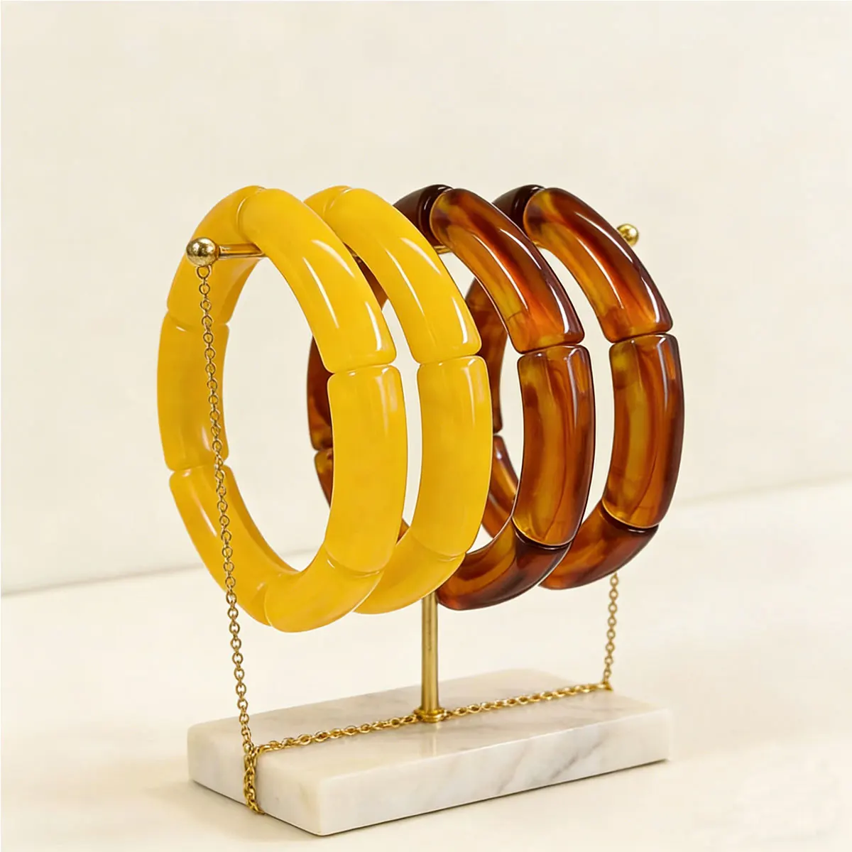 Fashion Acrylic 4PCS/Set Resin Amber Bamboo Bead Elastic Bracelet Bangles Tube Beads Handmake 2024 Trendy Designer Bracelet Set Image 3