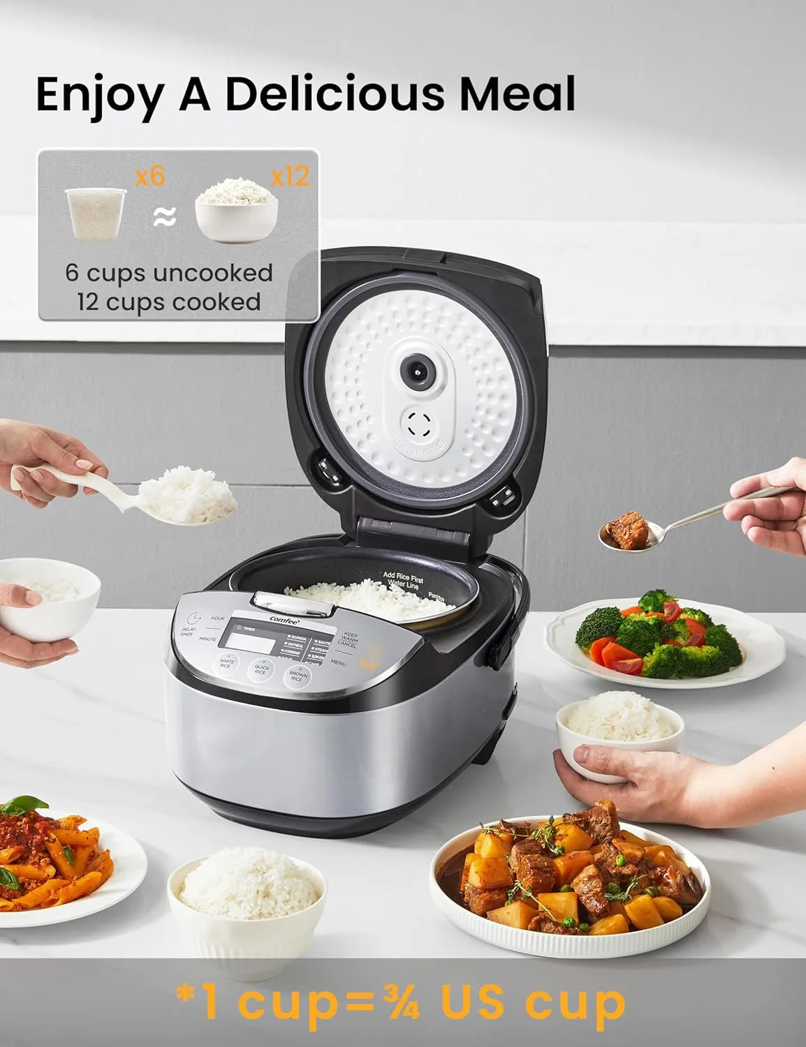 Portable 12-Cup Fuzzy Logic Rice Cooker with 11 Presets & Steamer, Black 3