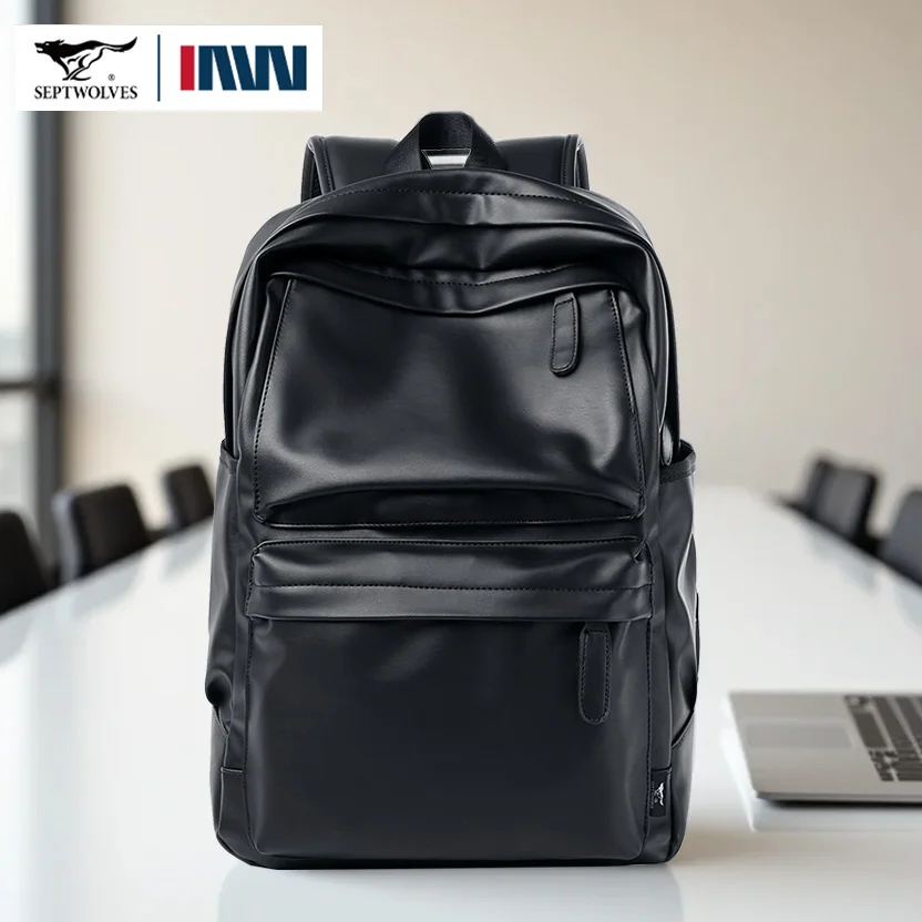 Septwolves High-quality Leather laptop Computer Backpack 15-Inch Large Capacity Waterproof Backpack For Men Business Travel Use 1