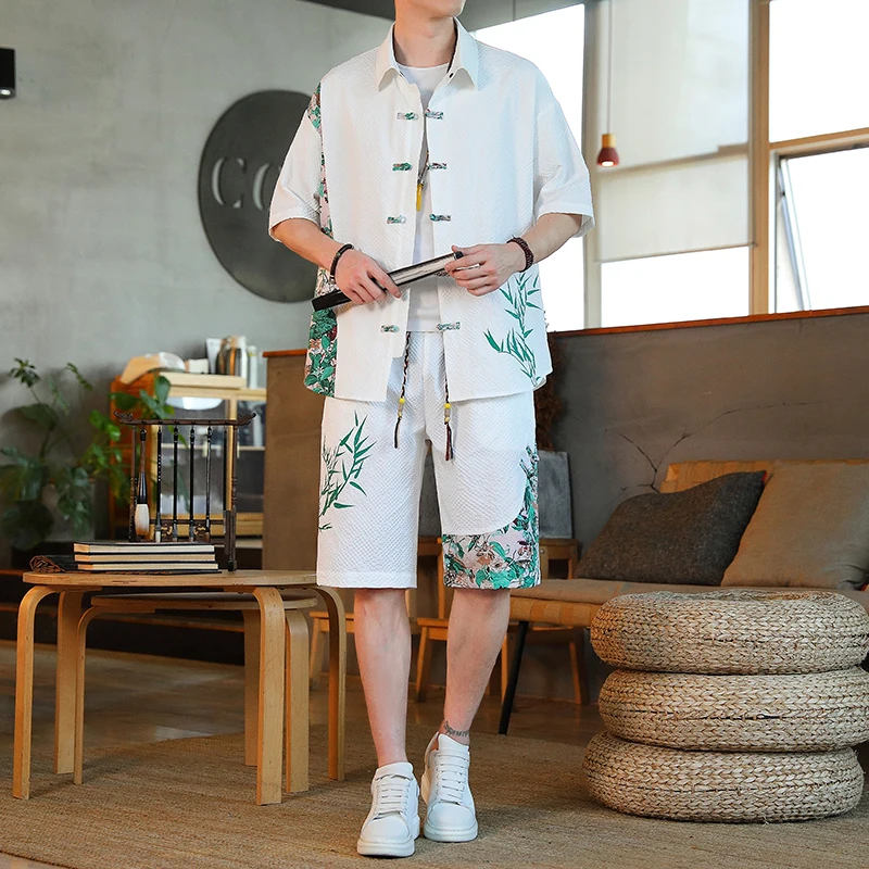 

Summer Fashion Men's Breathable Two Pieces Suit Casual Outdoor Streetwear Frog Button Shirt with Shorts Loose Clothing Set XXXXL