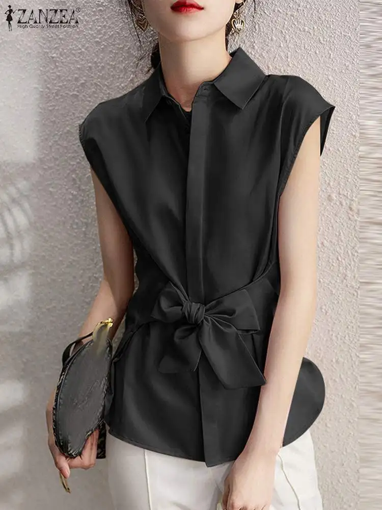 

ZANZEA Casual Korean Blosue 2023 Summer Sleeveless Tunic Lapel Collar Fashion Tank Tops Elegant Women Holiday Belted Solid Shirt