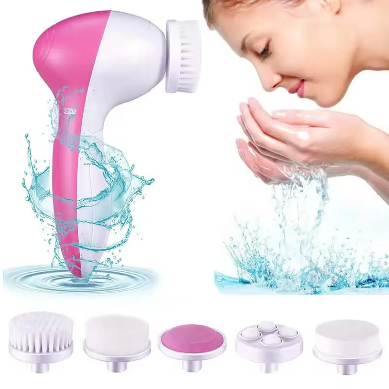 Portable Deep Cleaning and Exfoliating Mini Facial Cleansing Brush Hand Held Electric Face Brush Scrubber 5 in 1 brush Heads PC facial cleansing brush