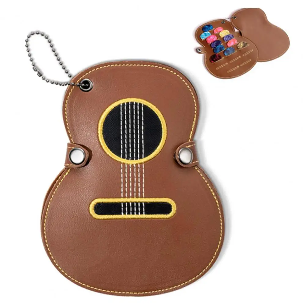 Guitar Pick Holder Faux Leather Guitar Picks Case Keychain with 17 Slots Guitar-shaped for Musician for Guitarist