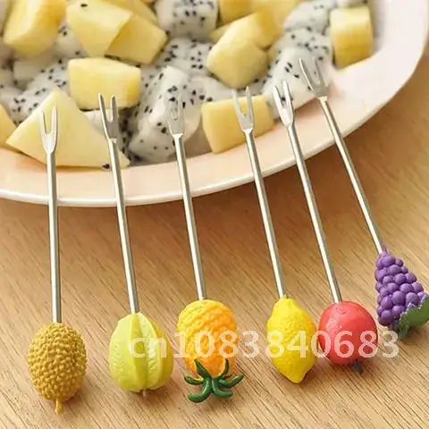 

6pcs/Set Adorable Cartoon Fruit Stainless Steel Dessert Fruit Forks Set with Mini Wooden Barrel Holder Salad Fruit Fork Flatware