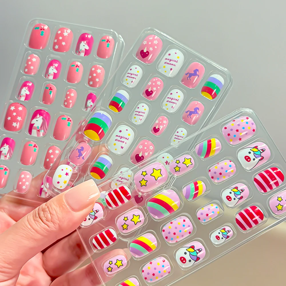 192개 레인보우 포니 귀여운 소녀들을 위한 프레스온 네일, 화려한 데이지 플라밍고 유니콘 가짜 손톱, 10-16세 어린이용 DIY 인조 손톱