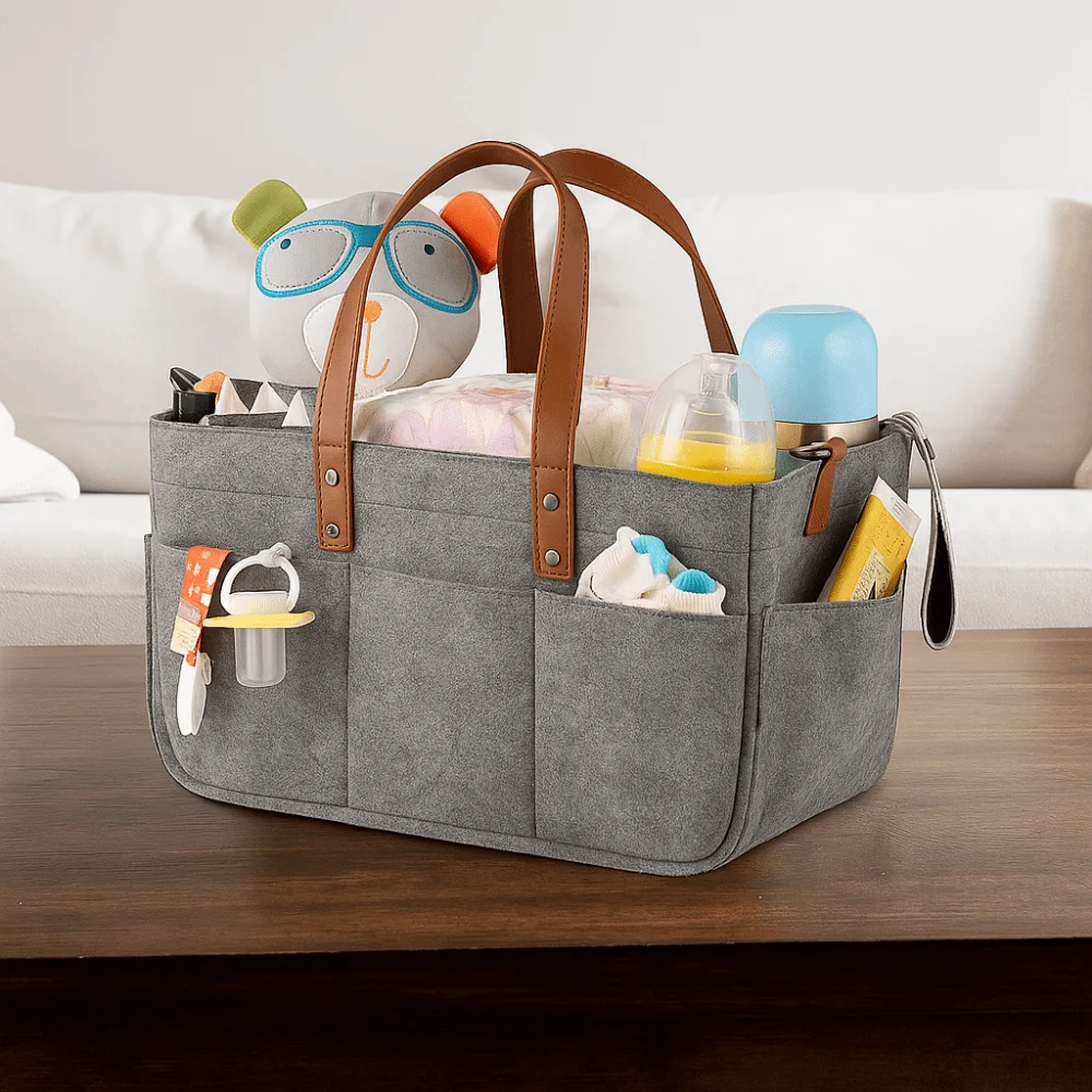 Large Capacity Felt Diaper Storage Bag Foldable with Handle Infant Diaper Bag Portable Baby Stroller Hanging Bag Nursery