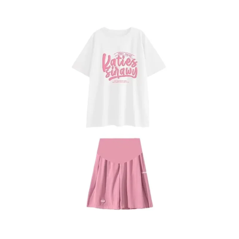 Summer Thin Maternity Suit Short Sleeve Maternity T-Shirt over Shorts Ice Silk Plus Fat Size T-Shirt