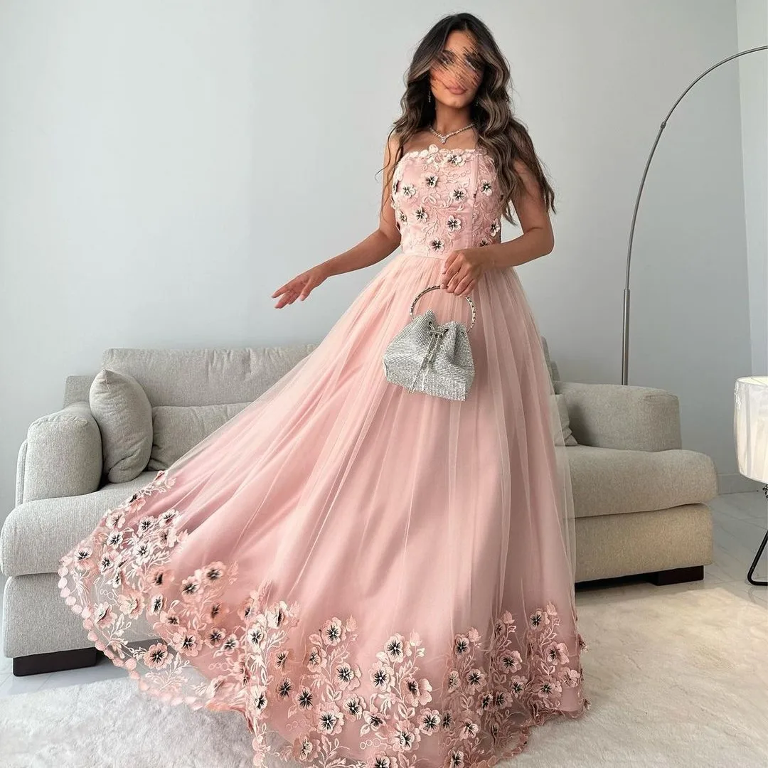 

Fashionvane Vestidos De Gala Prom Dresses for Saudi Arabia Women Strapless Flowers Applique Evening Party Formal Occasion