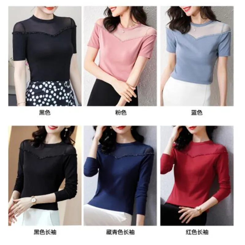 

Ladies T-shirt Short-sleeved Summer New Stretch Mesh Stitching Sexy Off-the-shoulder Y2k Tops Harajuku Shirts for Women