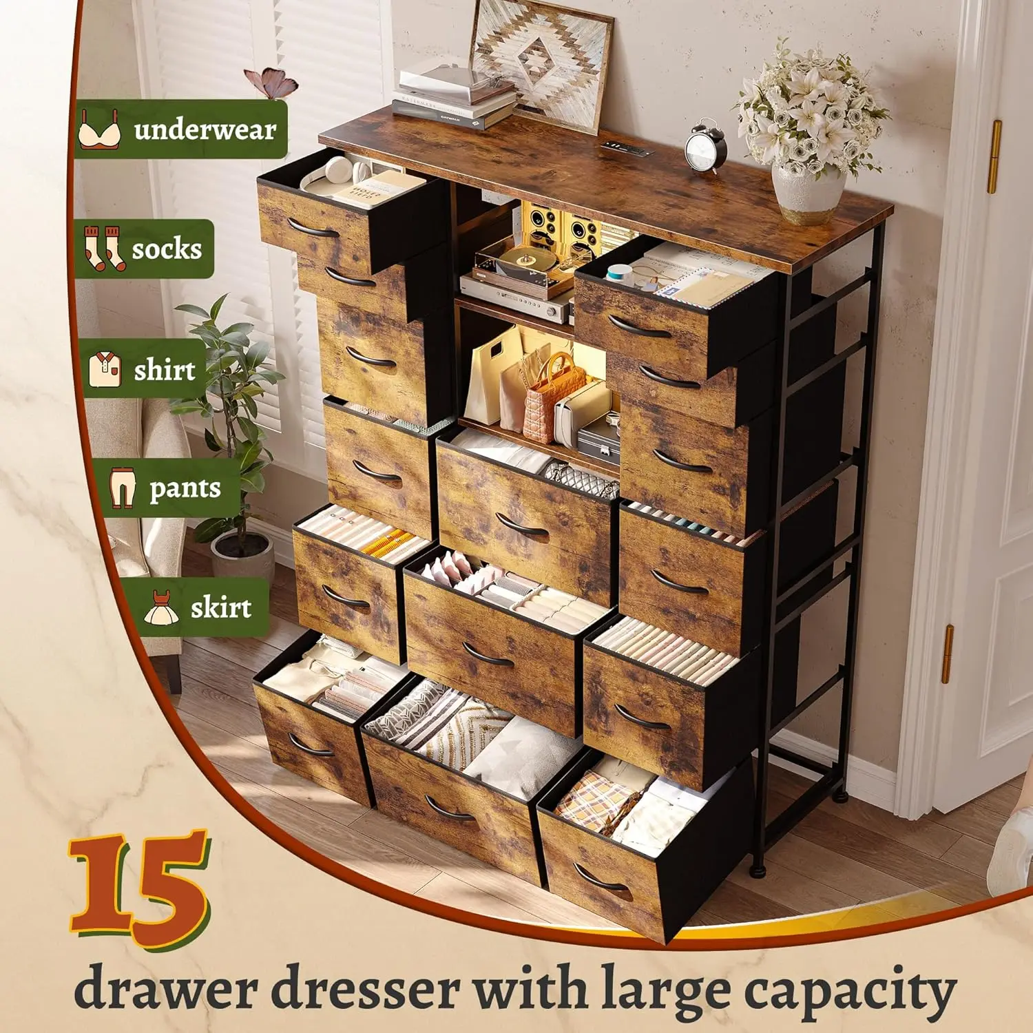 EnHomee 15 Drawer Dresser for Bedroom with Hutch 51" H Tall Dressers with Charging Station & LED Lights Sturdy Fabric Bedroom Dr 4