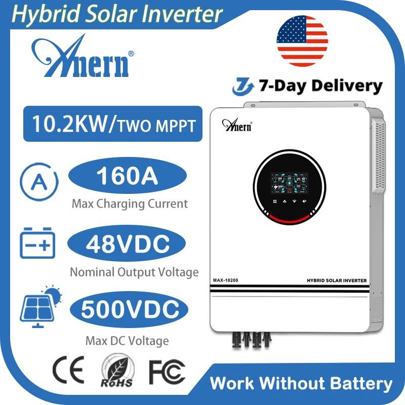 Anern 10.2KW/6.2KW Hybrid Solar Inverter Build-in MPPT 160A 12 V/24 V/48 V คอนโทรลเลอร์ชาร์จแบตเตอรี่ Pure Sine Wave อินเวอร์เตอร์ 1