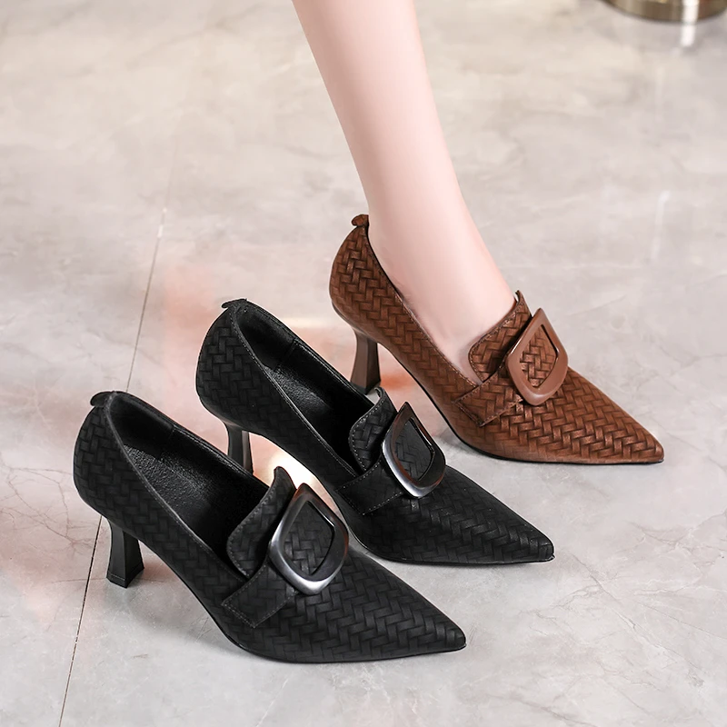 Aphixta 7cm Thin Heels Woman Ankle Boots Slip On Pointed Toe Woman Autumn Winter Shoes Checkered Upper High Heels Modern Boots
