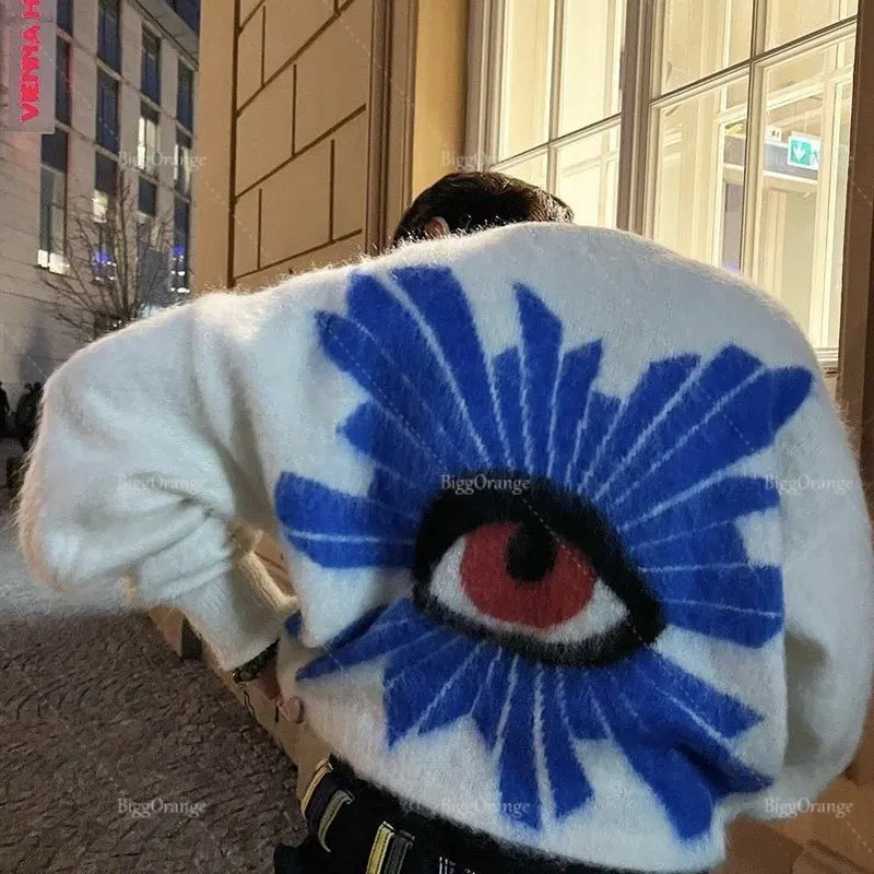 

2023 new Vintage Knitted Sweater Unisex American Hot Sweater Men Women Harajuku eye graphic Retro Cotton couple Pullover