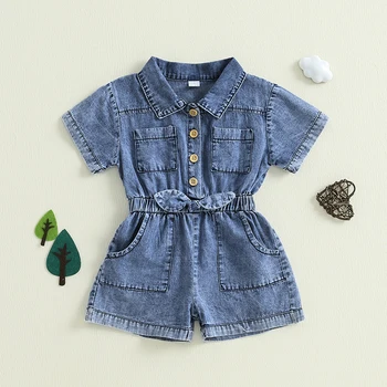 Toddler Girls Denim Shorts Overalls Short Sleeves Turn Down Collar Button Down Elastic Waist Jean Romper Jumpsuits 1