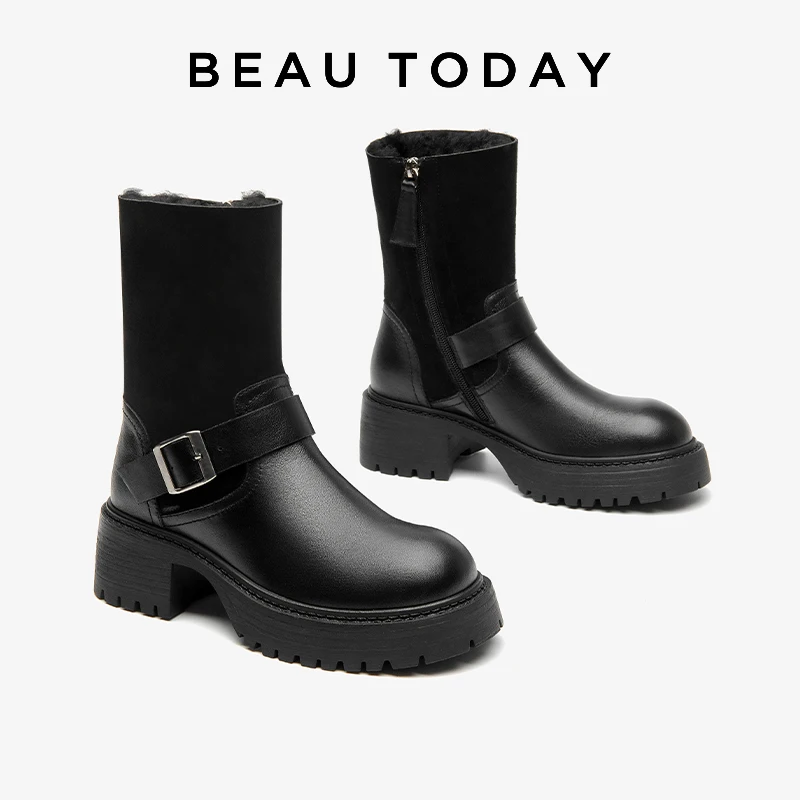 

BEAUTODAY Winter Boots Women Genuine Cow Leather Solid Color Metal Decoration Zip Design 2023 Warm Ladies Shoes Handmade 03A50