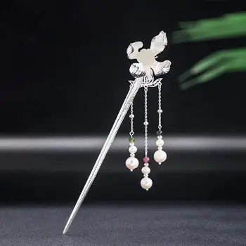 silver 925 lotus flower Natural Hotan Jade hair jewelry Hanfu Cheongsam tiara Retro Palace Style Pearls Tassel hanfu accessories