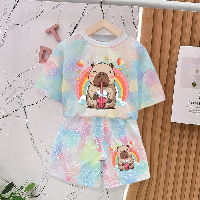 Capybara Kleinkind-Kleidungssets „Don't Worry Be Capy Girl“-Outfits, süßes, lächelndes Gesicht, Baby-T-Shirt, kurzärmeliges T-Shirt für Kinder, Shorts, 2 Stück – Detail 6