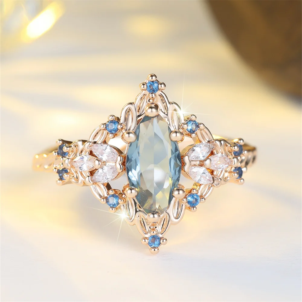 Fashion Blue Crystal Marquise Oval Stone Flower Rings For Women Vintage Gold Color Engagement Ring Wedding Jewelry Bridal Gifts