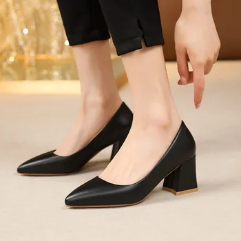 ⁦6.5cm Square Heel Fashionable Shallow Cut High Heels Women's Classic Pointed Dress High Heels Party Size 35-42⁩ – תמונה ⁦4⁩