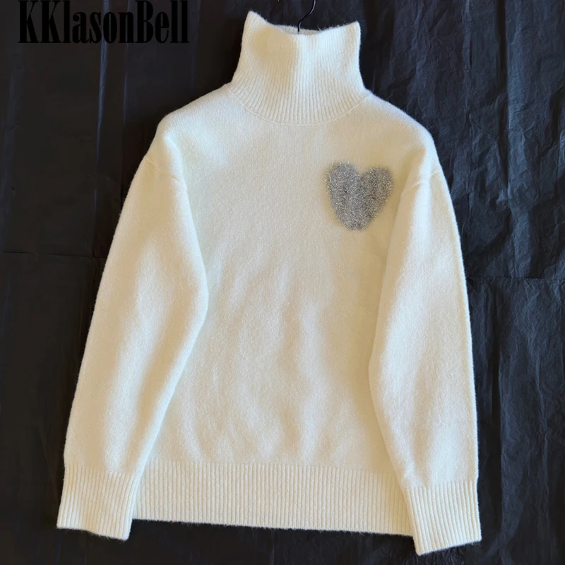 

12.9 KKlasonBell Heart-Shaped Sweater Turtleneck Long Sleeve Wool Alpaca Knitted Pullover Women