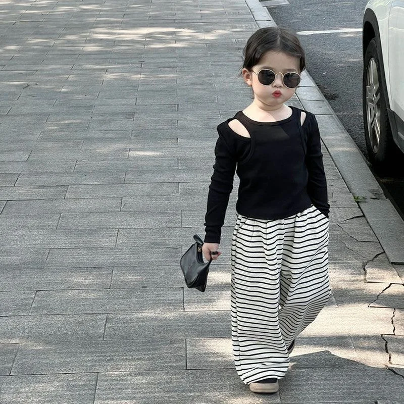 الأطفال الفتيات الخريف الفتيات قطعتين طويلة الأكمام عادية مخطط مستقيم بانت 2 قطعة مجموعة الملابس