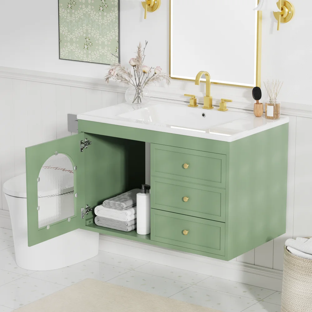 30x18x19.6 Inches Elegant Floating Bathroom Vanity Sink and Cabinet Combo - 1 Door and 2 Drawers 3