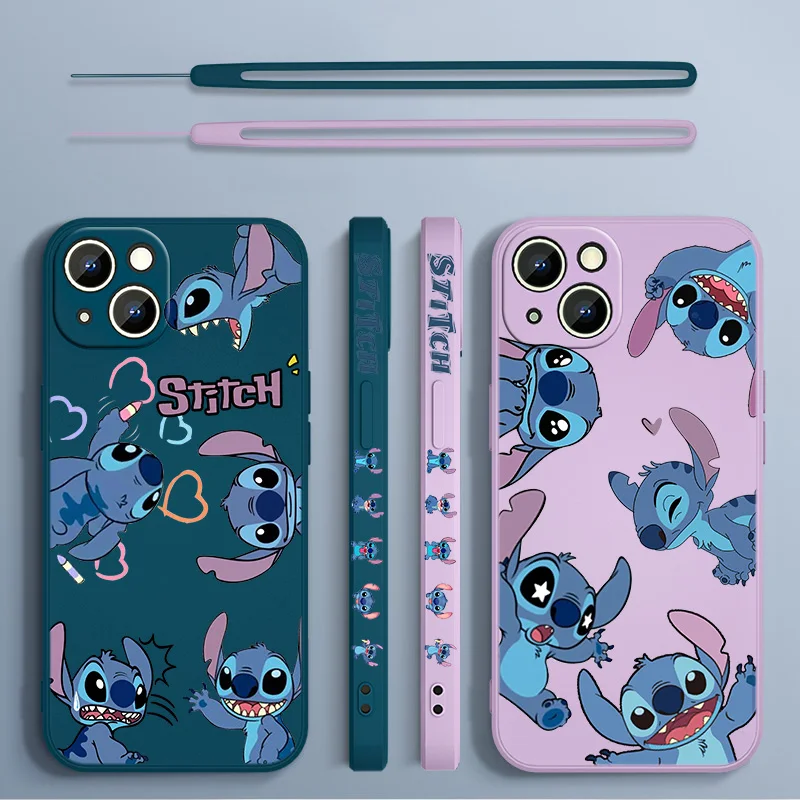 Stitch The Baby Disney Cover For Apple iPhone 13 12 11 Pro Max mini XS XR X 8 7 6S 6 Plus Liquid Left Rope Phone Case iphone 13 pro max leather case