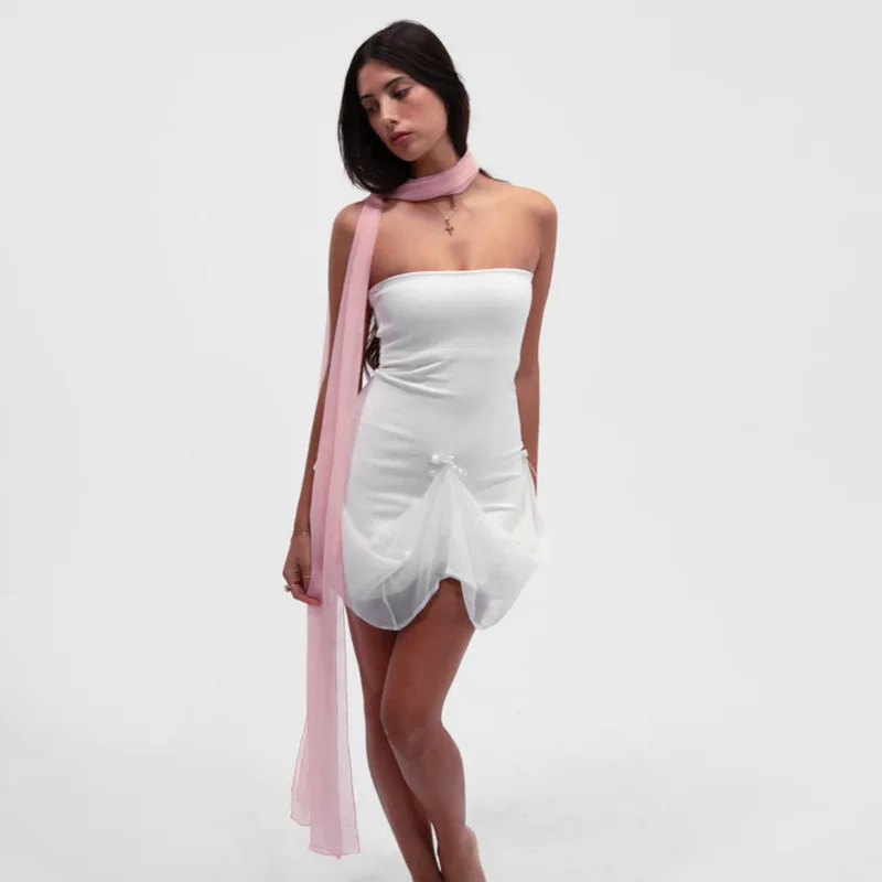 Tee Bow Mesh Patchwork Long Dress Women's Bandage See-Through Beach Holiday Party Dress Elegant Slim Maxi Dress Summer New