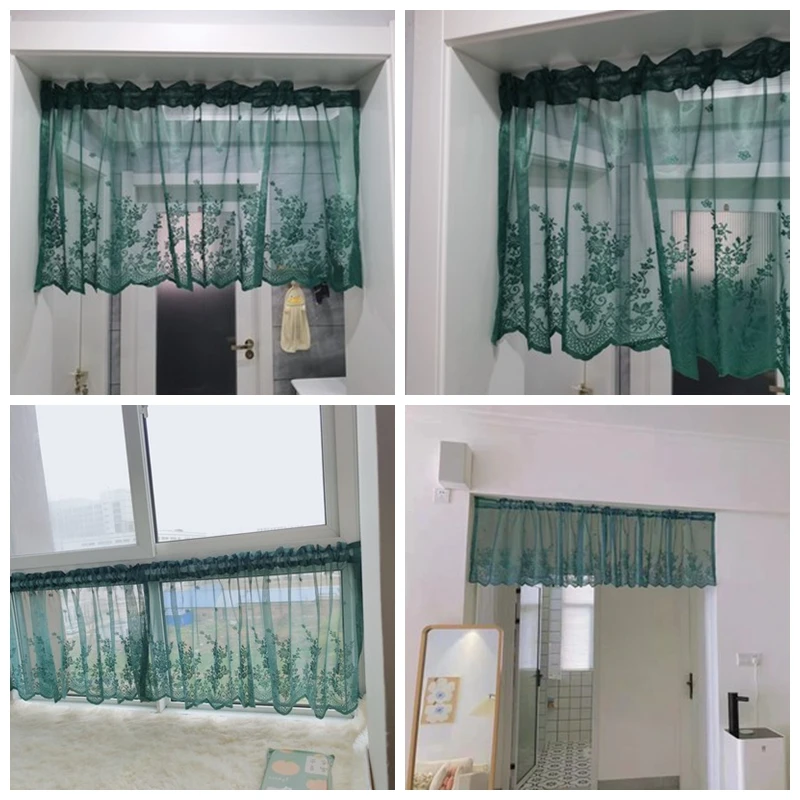 Dark Green Lace Embroidered Voile Short Curtain for Kitchen Cupboard Door Korean Coffee Half Curtain Partition Decor AD766E