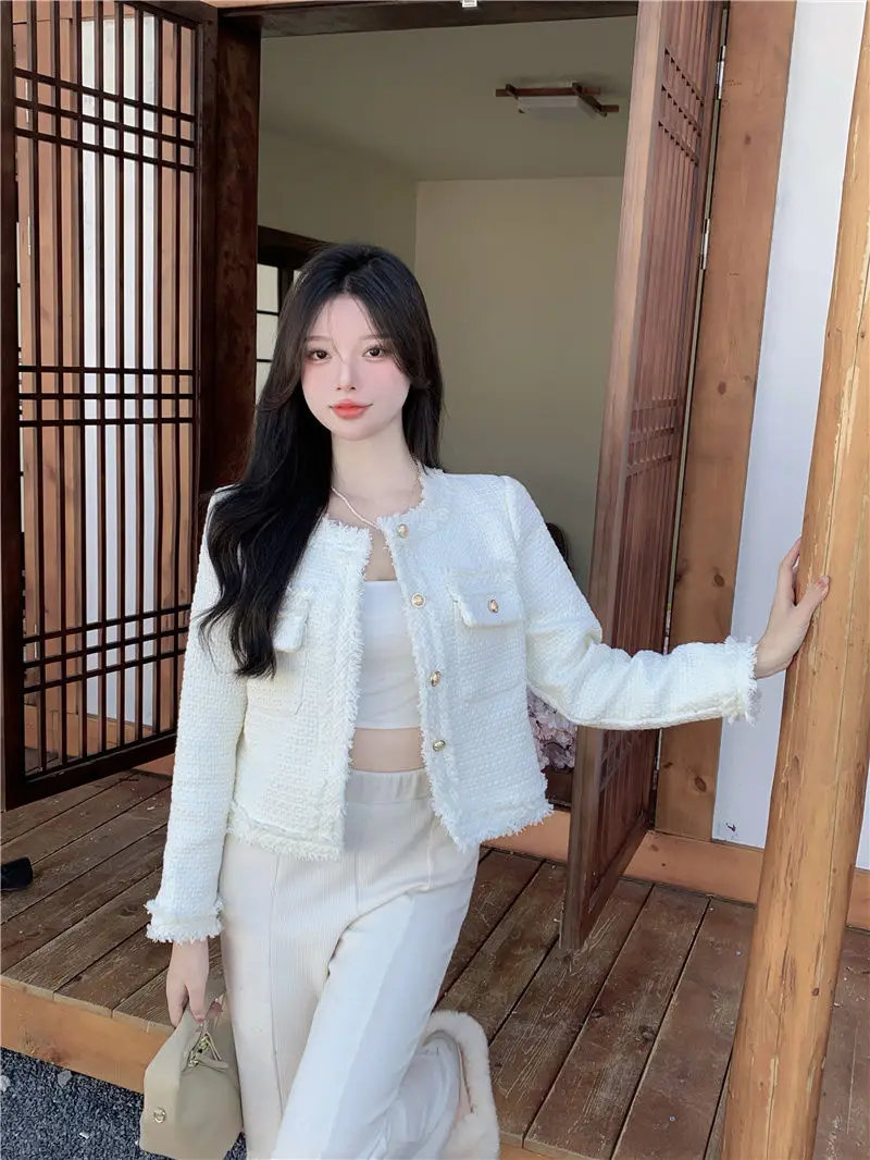 Women Tweed Jacket White Coat Korean Chic Streetwear Cropped