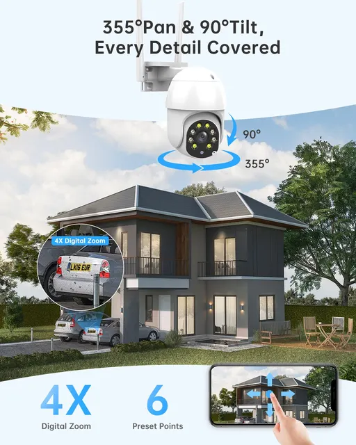  JOOAN Cámara de seguridad para exteriores, cámara IP WiFi 2K  con cobertura de visión de 360°, cámara PTZ para exteriores para  patio/garaje/entrada, audio de 2 vías, detección de movimiento inteligente,  visión