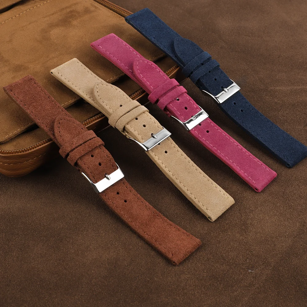 Luxurious Genuine Suede Leather Watch Strap with Stainless Steel Buckle - Available in Brown, Blue, and Black
