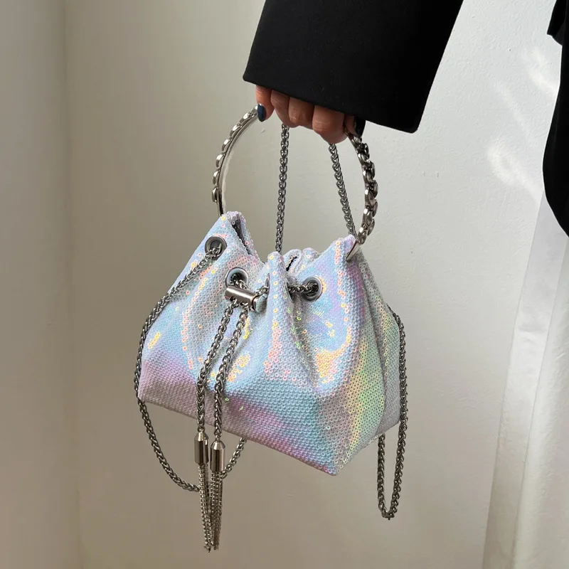 

Fashion Sequins Women Handbags Luxury Tassel Shoulder Bags Luxury Matallic Crossbody Bag Shinny Evening Party Small Bucket Purse