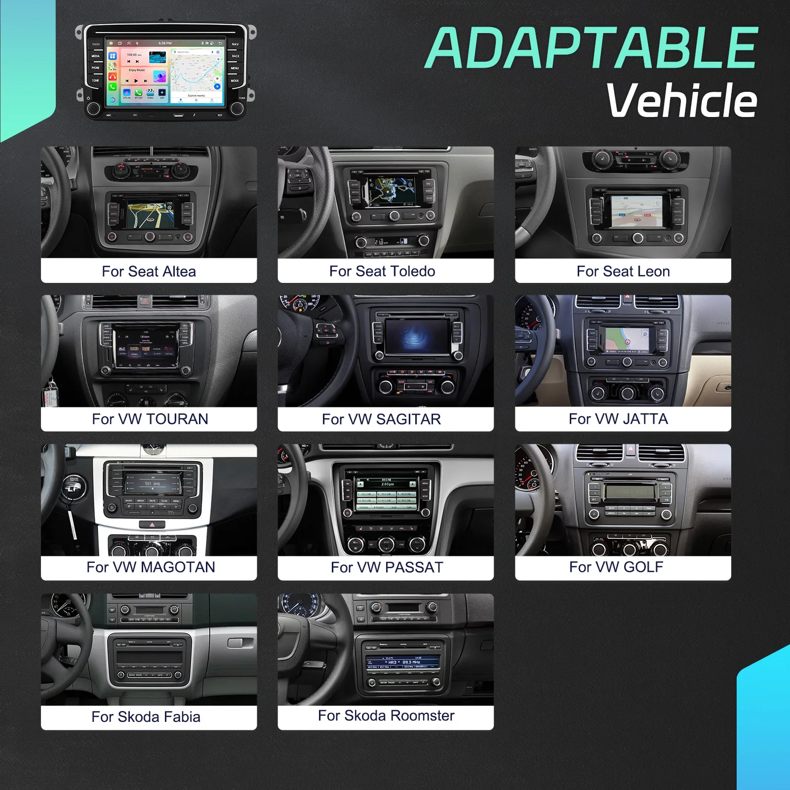 Radio Multimedia para Auto Podofo de 7 Pulgadas y 2 Din, 6+128G, para Seat Altea/Toledo/Leon, VW Golf/Passta/Jatta/Bora/Scirocco, Skoda Fabia/Yeti/Roomster/Praktic, Sistema de Audio para Auto, Carplay Inalámbrico, Android Auto, Mirror Link, Radio Estéreo para Auto, WiFi, GPS 8