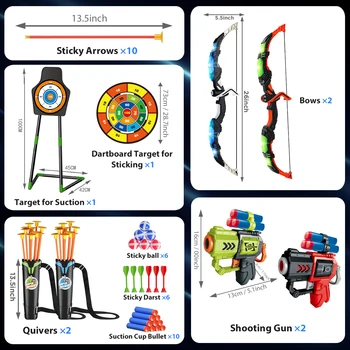 VATOS 2X Bow Arrow + Guns Toy For Kids LED Light Up Archery with Suction Cup Stand Target Dart Board Indoor Outdoor Game Toys 6