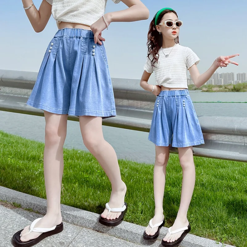 여아용 진주 텐셀 데님 반바지, 느슨한 얇은 청바지 반바지, 십대 소녀 캐주얼 하의 복장, 5-15 세