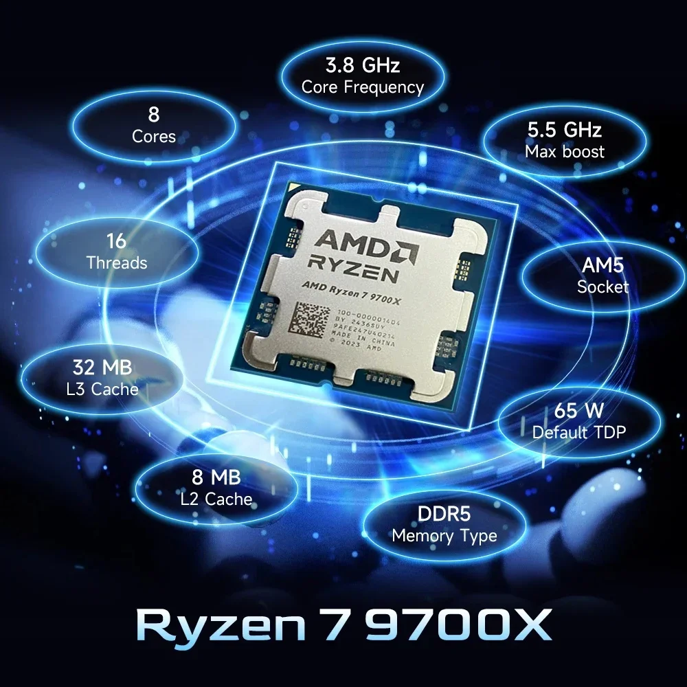 AMD 라이젠 7 9700X 게이밍 및 사무용 듀얼 유즈 데스크탑 CPU 8코어 16스레드 5.5GHz 32MB 캐시 AM5 DDR5 4nm 쿨러 미포함