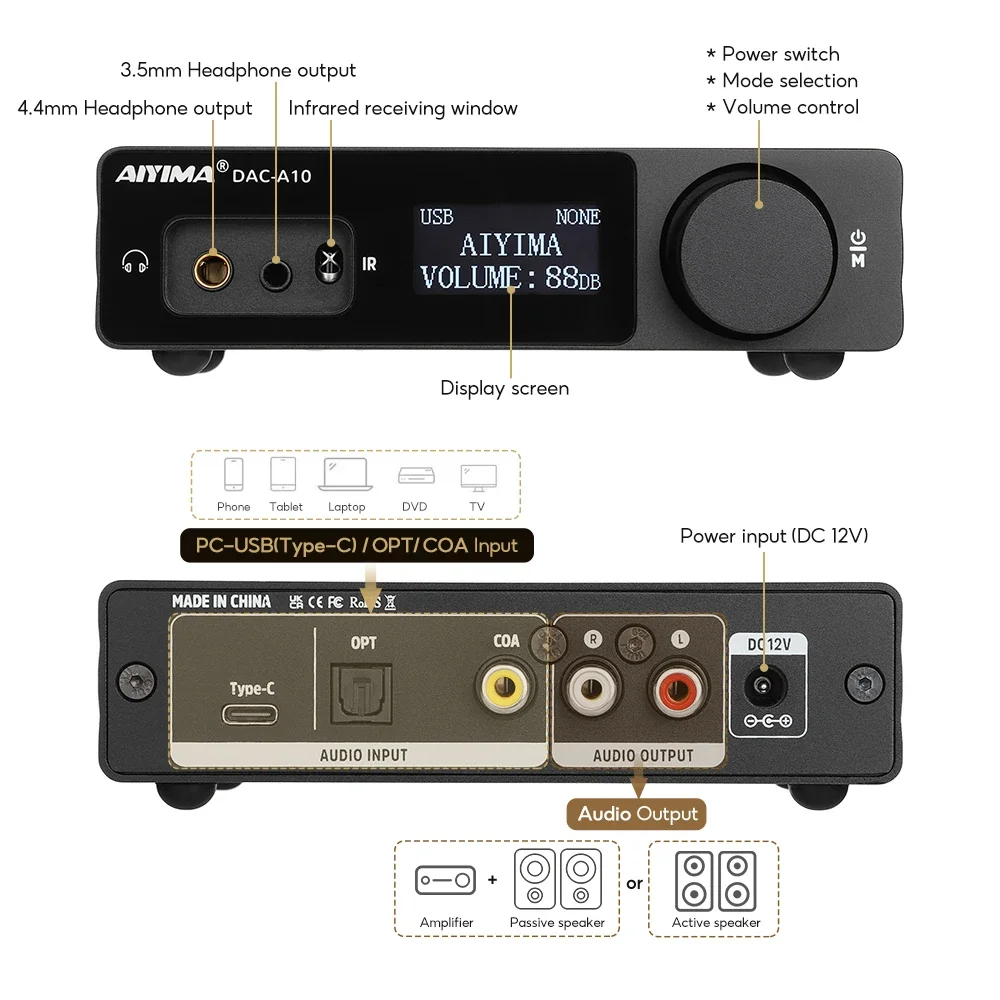 AIYIMA DAC-A10 Headphone Amplifier ESS9018K2M Decoder Audio