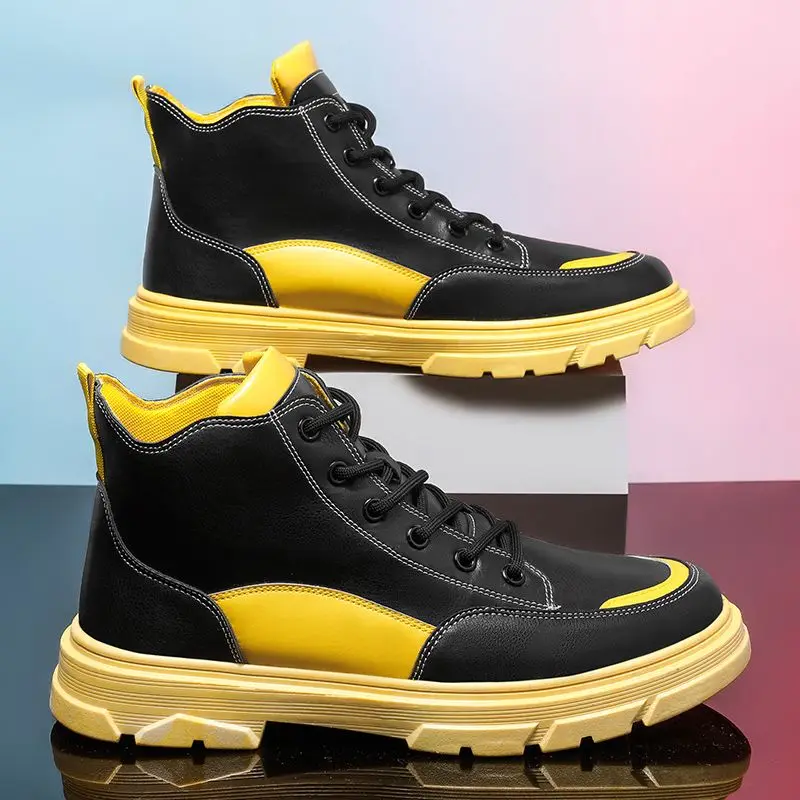 

Patchwork Artificial Leather Men's Boots Autumn High-top Outdoor Shoes Fashion Men's Shoes Thick Soles Military Boots