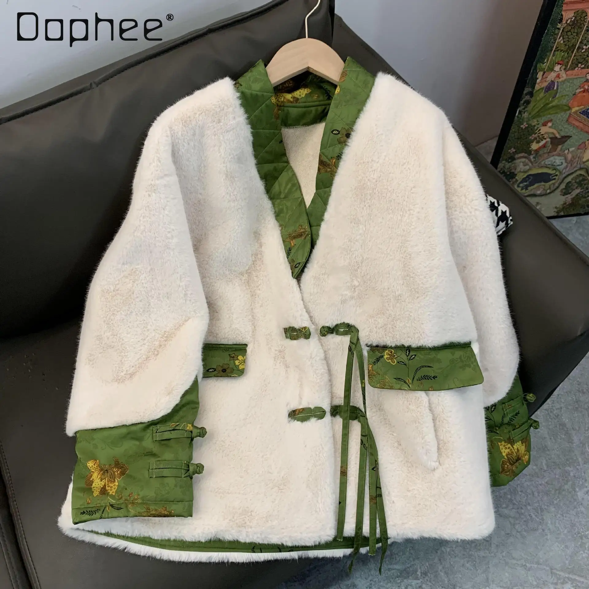 2023 New Fall Clothing Socialite Woman Imitated Mink Fur Furry Coat Chinese Style Retro Long Sleeve Mid-Length Jacket for Women