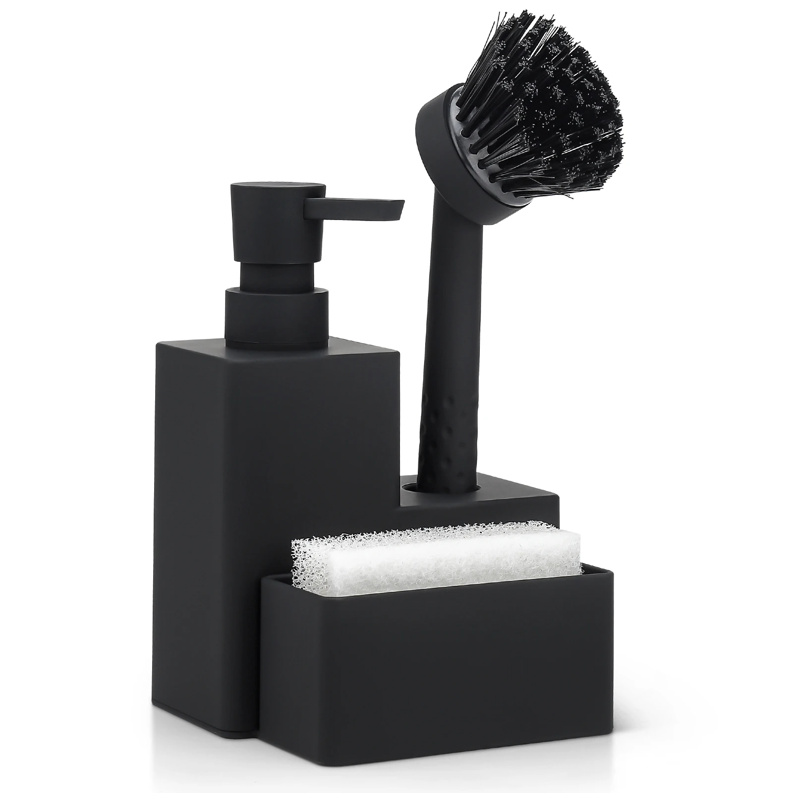 Soap Dispenser Modern Square Dish with Sponge Holder and Brush 3 in 1 Set for Kitchen Sink Countertop Organizer Matte Black