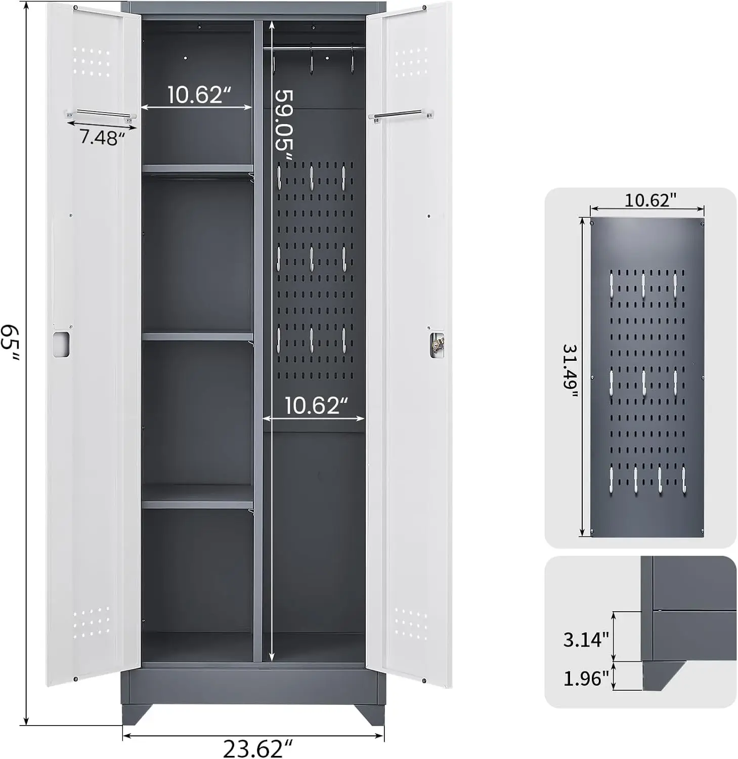 Broom Closet Storage Cabinet with Locking Doors,Cleaning Tool Cabinet,Metal Storage Cabinet with Shelves and Hanging R 3