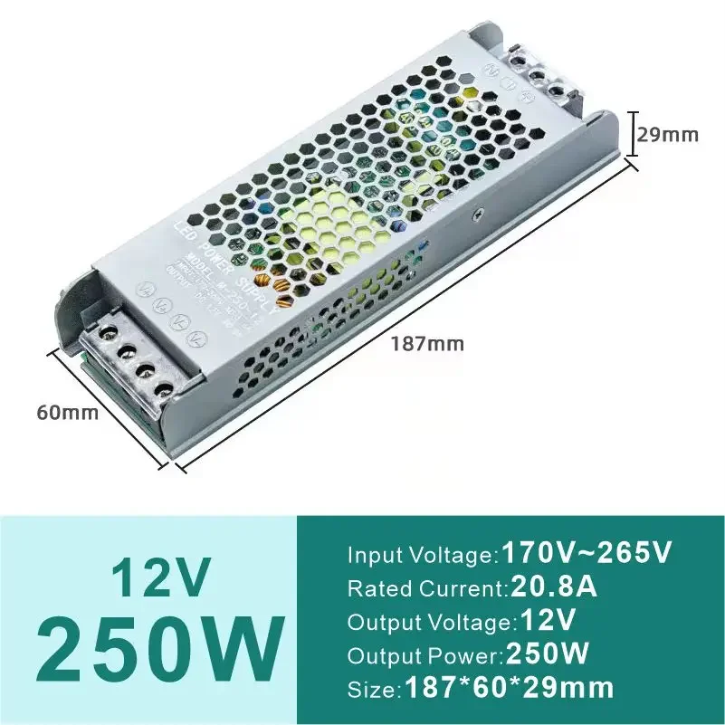슬림 LED 드라이버 어댑터, AC170-265V to DC, 스트립 조명 변압기, 12V, 24V, 60W-400W