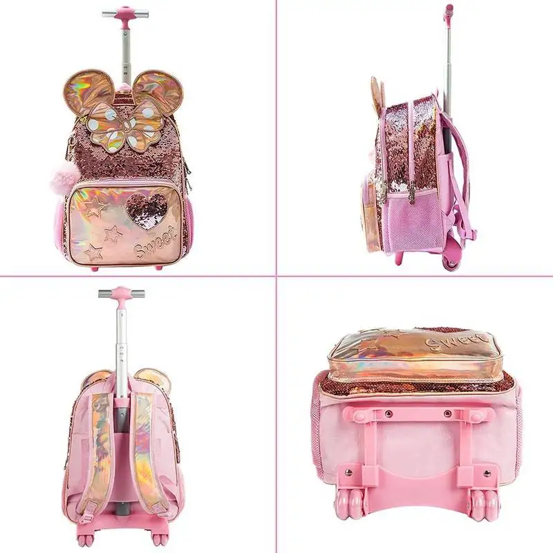 16 inch School Rolling Backpack with Lunch Box and Pen Bag Children's Travel Suitcase Wheeled Backpack for Girls