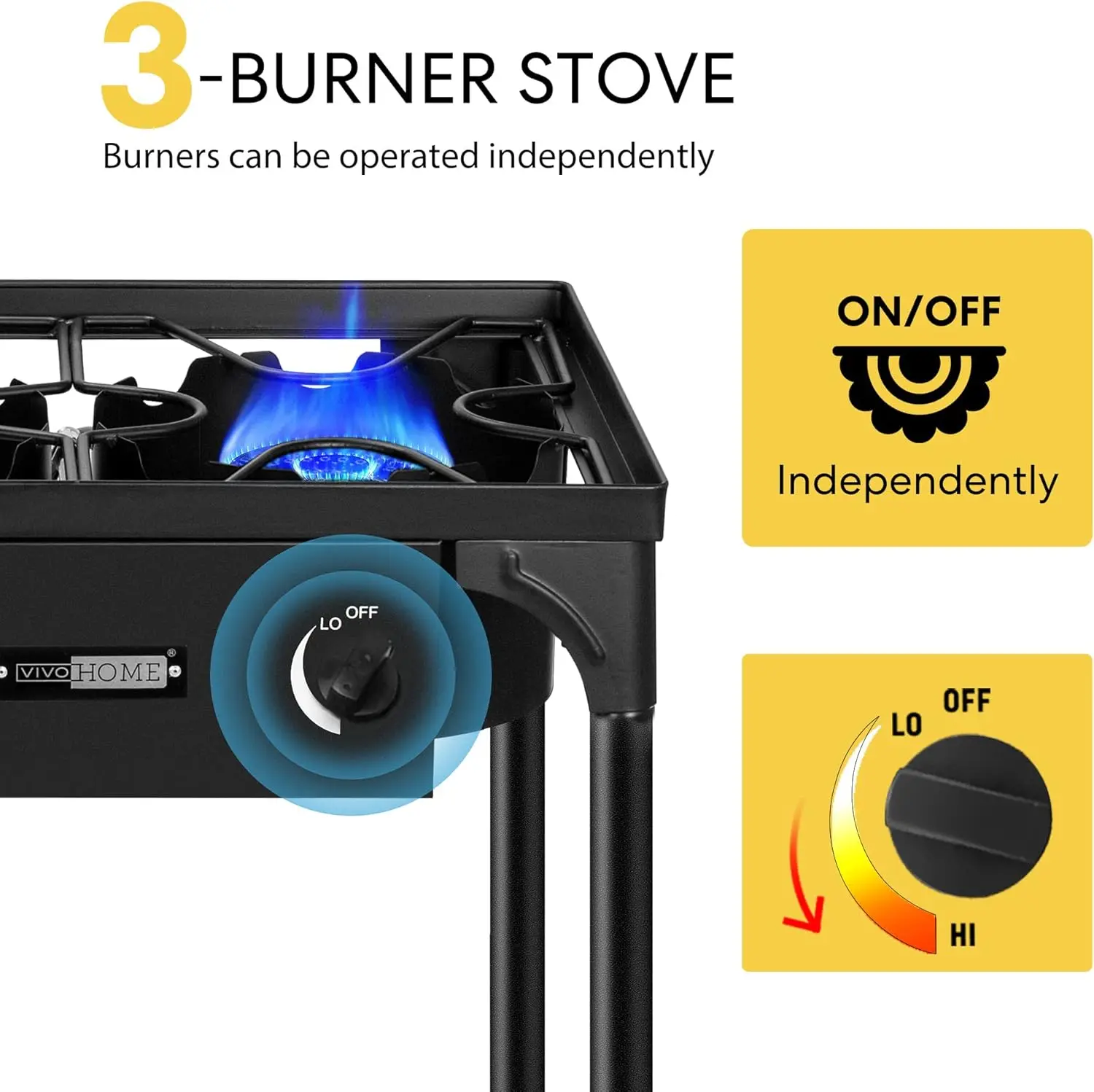 Outdoor 3-Burner Stove, Max. 225,000 BTU/hr, Heavy Duty Tri-Propane Cooker with Detachable Legs Stand for Camping Cooko