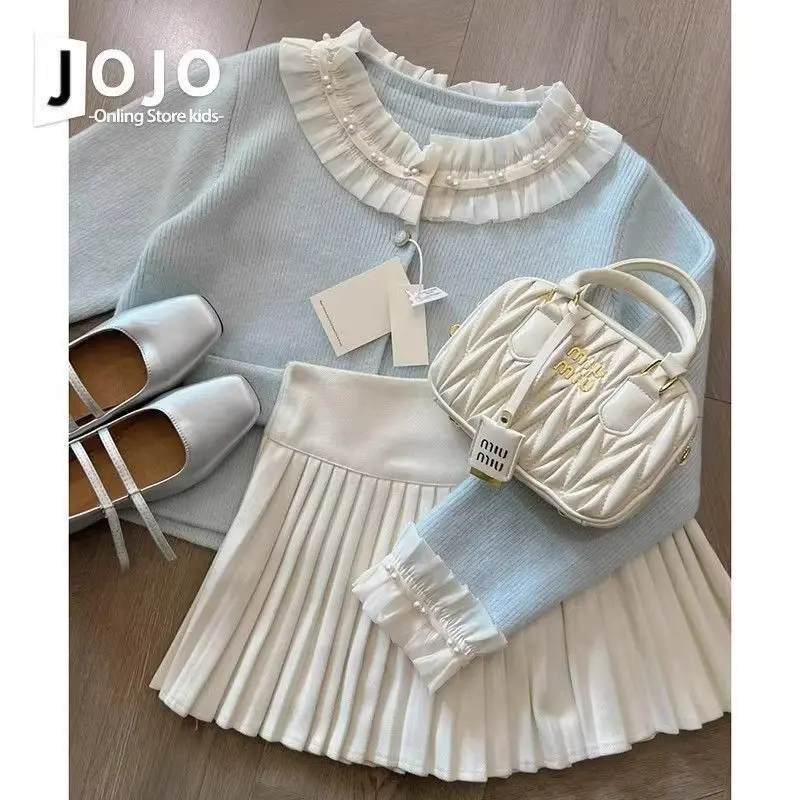 

Летний комплект для девочек, Новинка весна-осень 2024, синий кардиган, женская короткая юбка в студенческом стиле, комплект из двух предметов