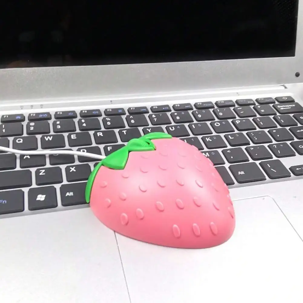 Compact Pink Strawberry Wired Optical Mouse - Cute Gift