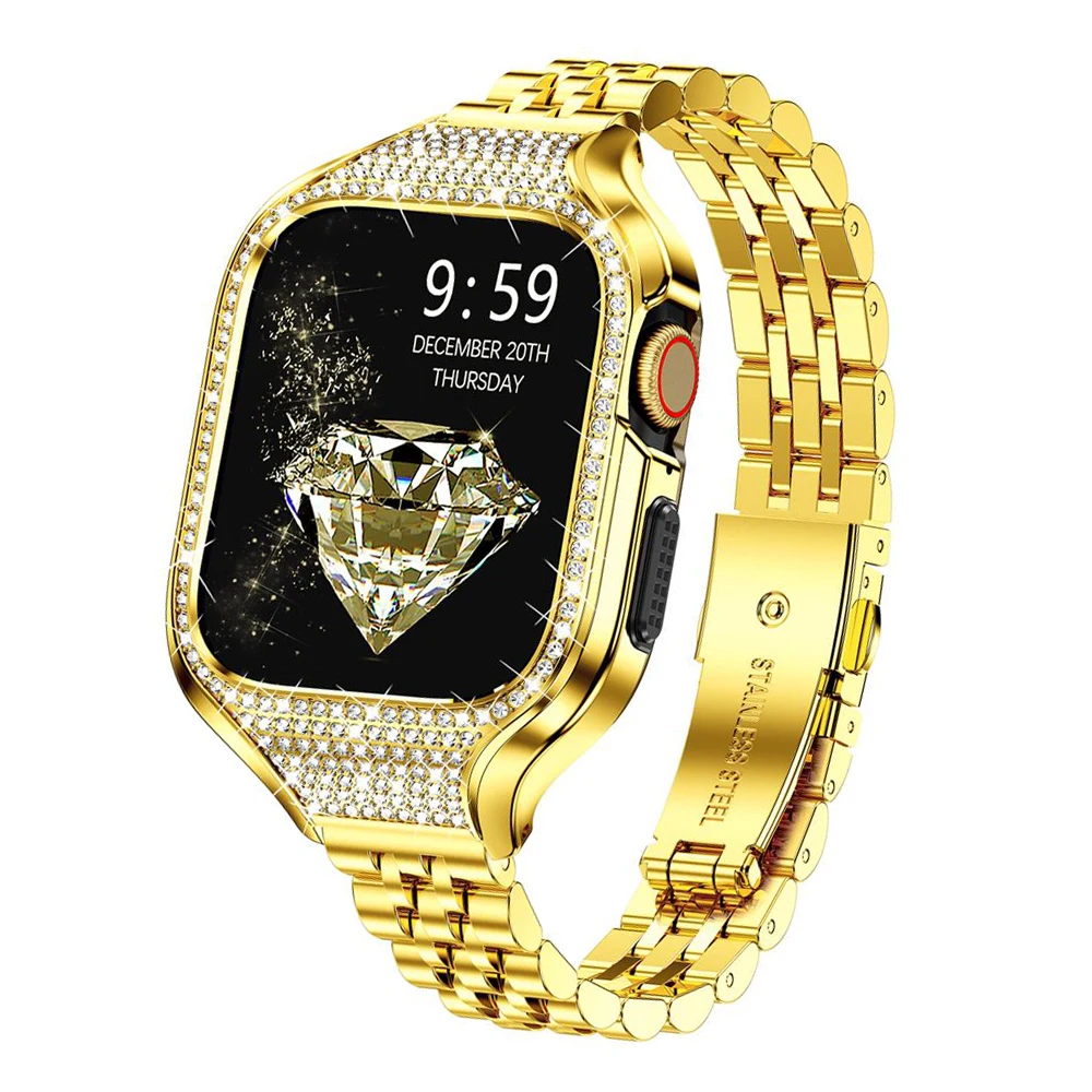 

Bling Metal Case+Strap For Apple Watch Band 41mm 40mm Stainless steel dressy bracelet+Rhinestone case iwatch series SE 7 6 5 4 8
